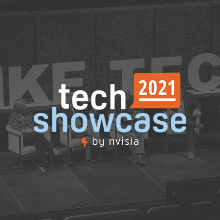 2021 Tech Showcase Logo overlaid onto a speaker panel image from the 2019 showcase