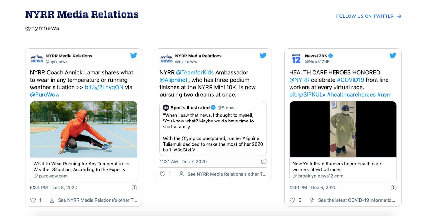 New York Road Runners website embeds Tweets using Twitter API