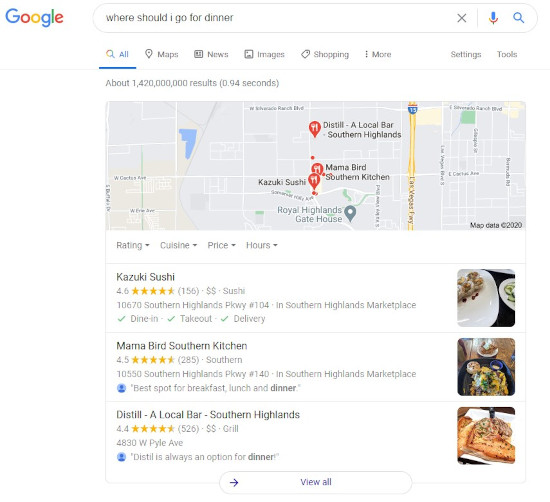 google semantic search example for the query "where should i go for dinner" showing local restaurant results
