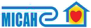 A white background with blue text on the left saying "MICAH". Two blue lines curve and hook together in the middle. The lower hook moves out to turn into the outline of a house, with a yellow circle filling it in, and a red heart inside of that.