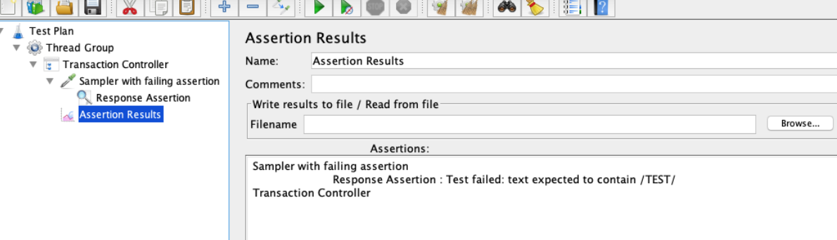 A screenshot of JMeter assertion results.