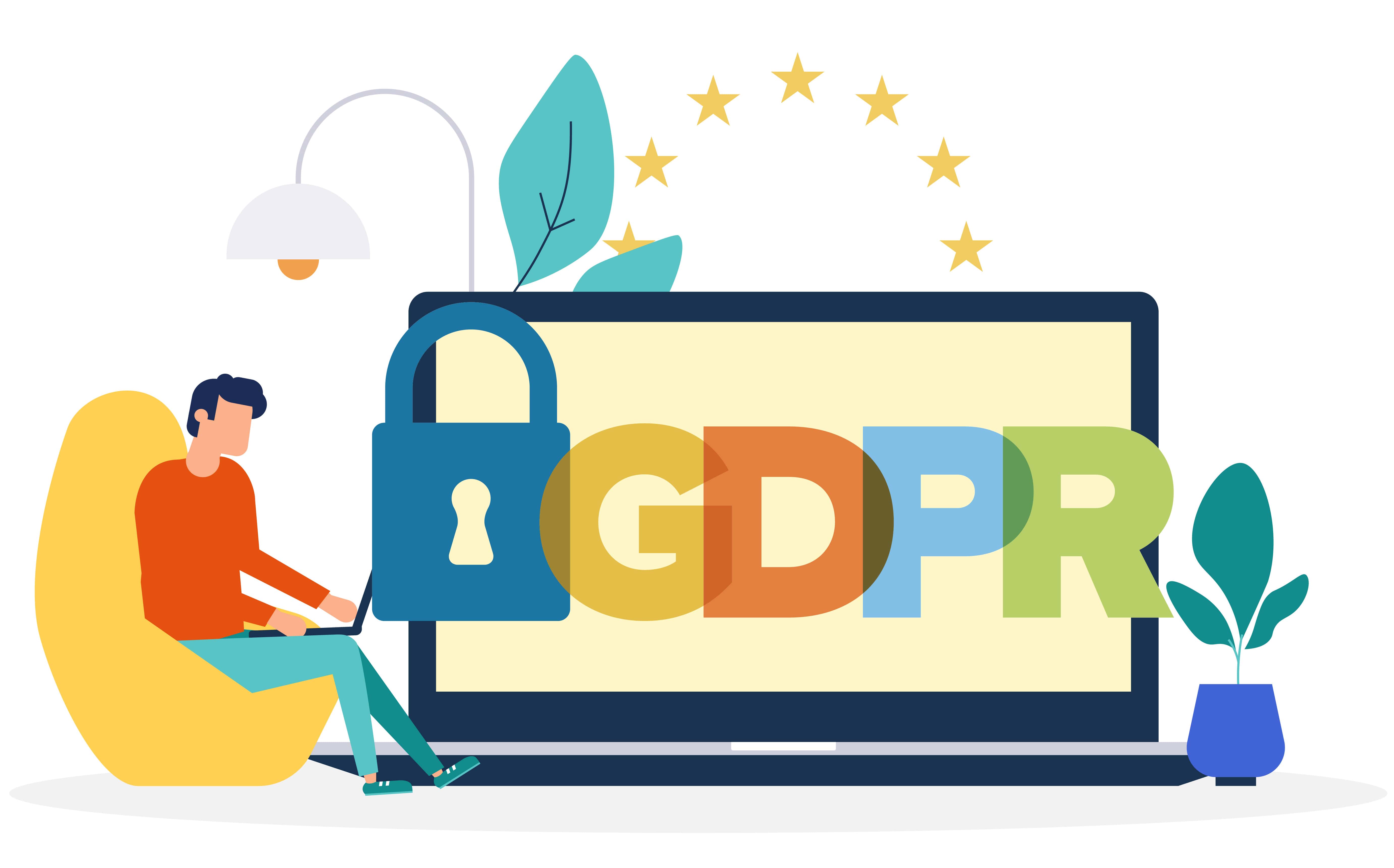 Graphic of a person sitting in a chair on their laptop with GDPR in letters 