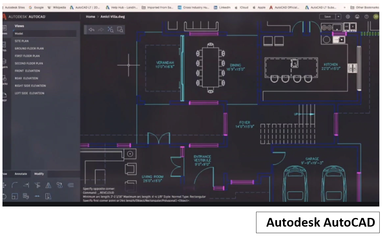 2D view of a home designed in Autodesk AutoCAD BIM software, as contrasted with Revit's 3D BIM software environment. 