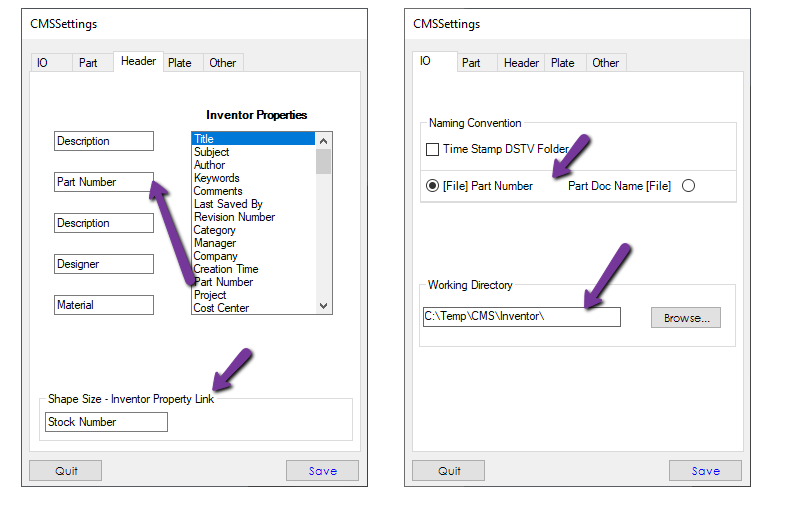 CMS for Inventor plugin settings 