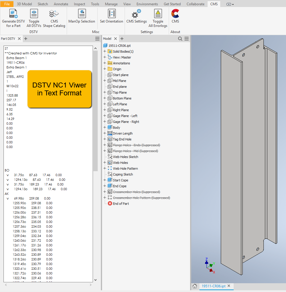 CMS for Inventor DSTV NC1 file ASCII text view