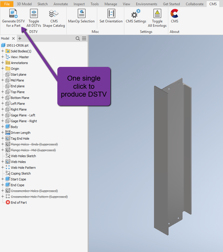 Structural steel profile being converted to DSTV NC1 in CMS for Inventor plugin