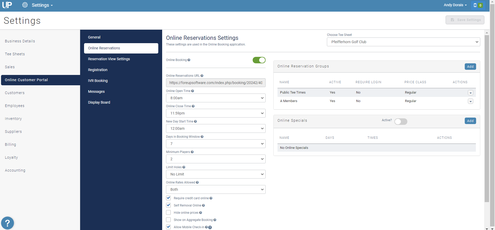 foreUP Settings - Online Customer Portal