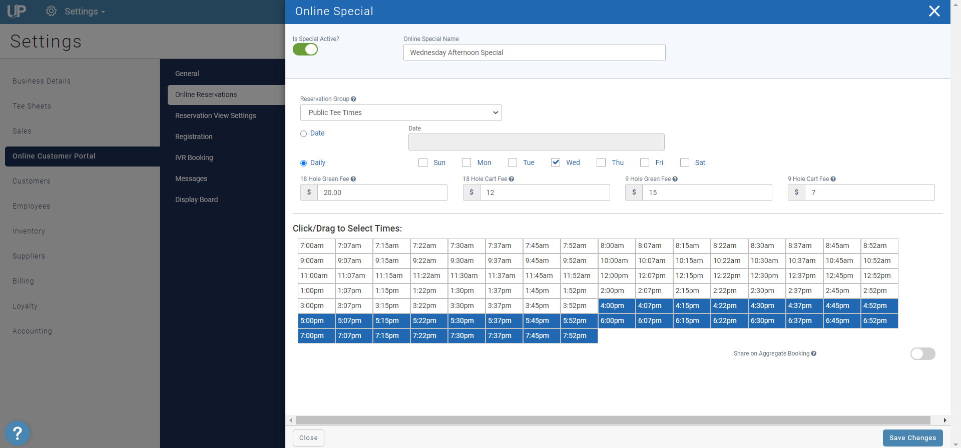 foreUP Settings - Save Online Special