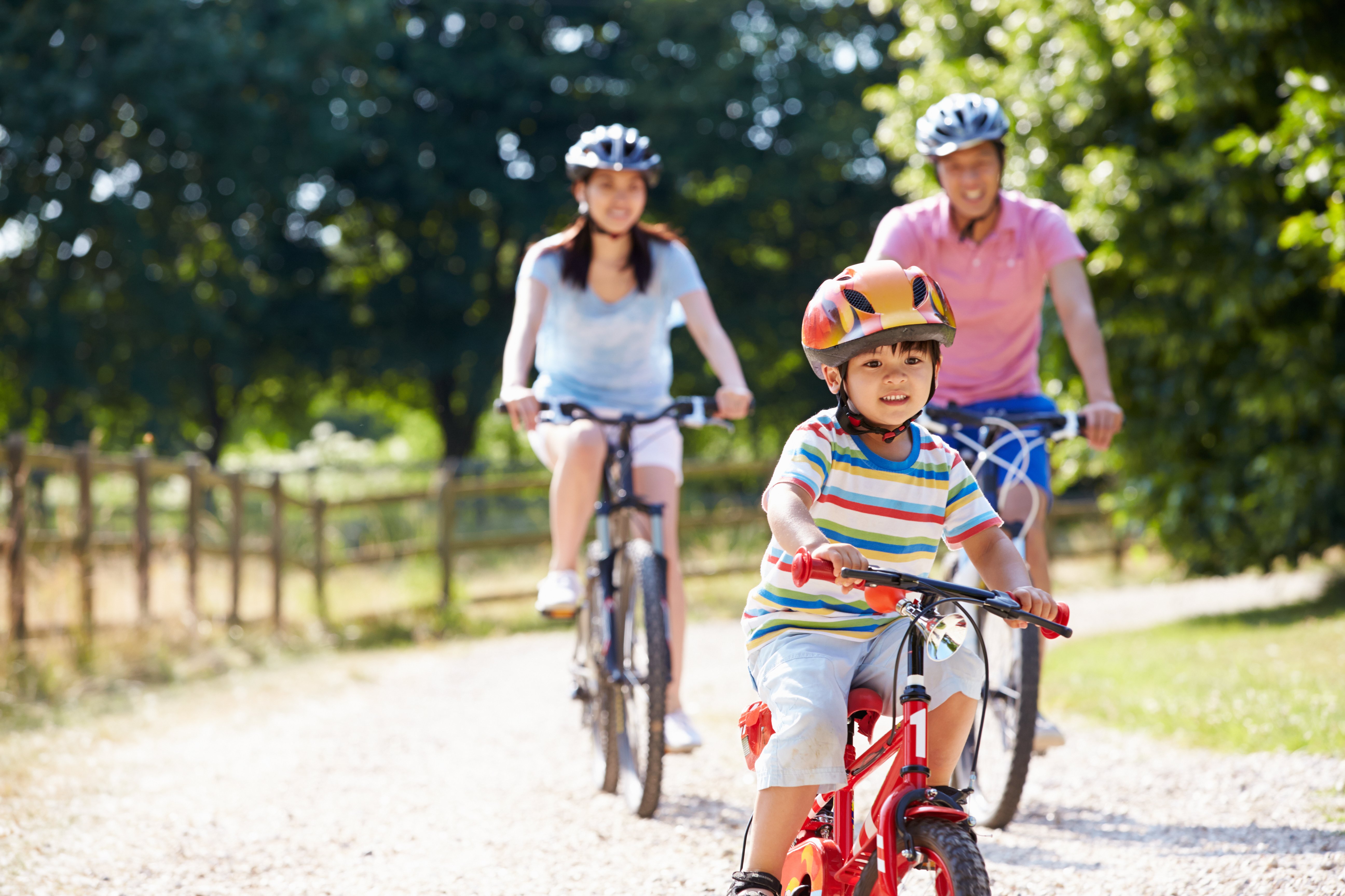 Family riding bikes together summer