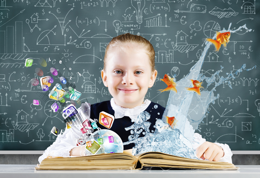 Schoolgirl at lesson with opened book against sketch background