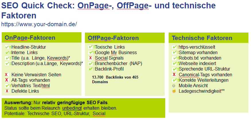 Beispiel für SEO Quick Check mit verschiedenen Faktoren