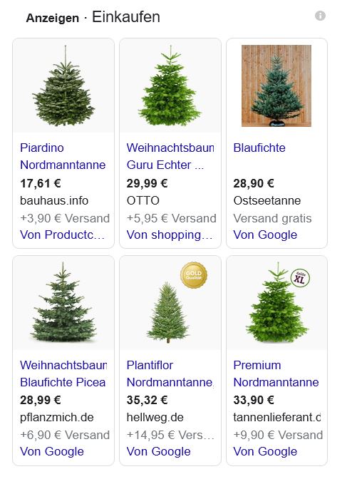 Beispiel Google Shopping Weihnachtsbäume