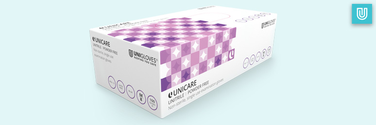 A box of Unigloves Unitrile vinyl nitrile gloves.