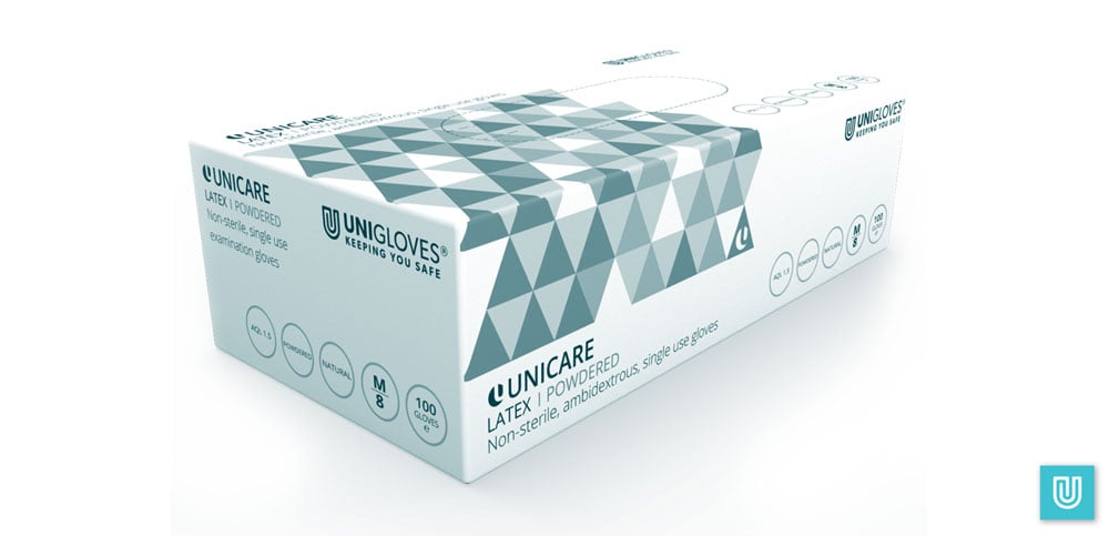 Unigloves Unicare Powdered Latex Gloves Box.