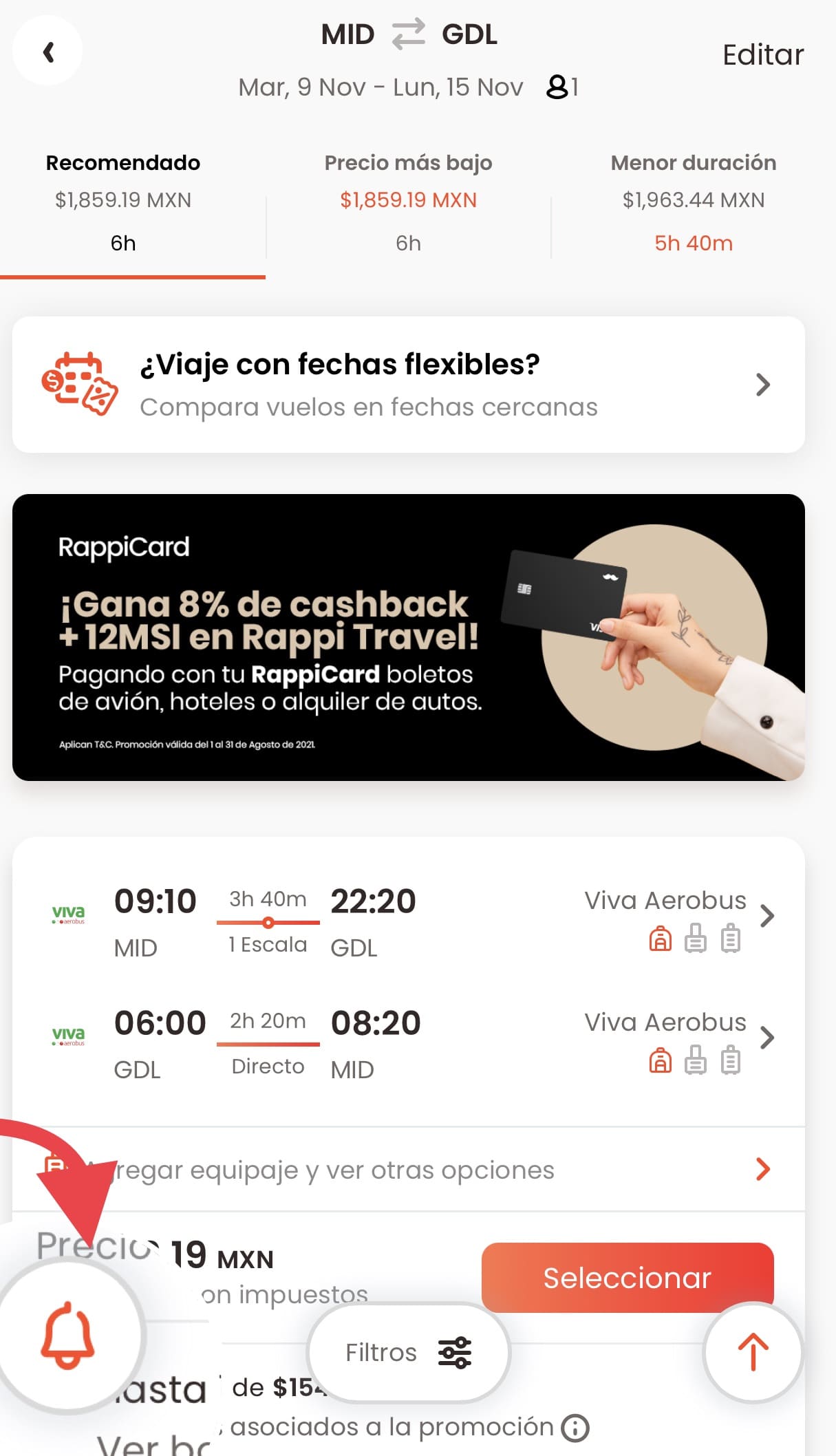 Alertas de precios bajos en Rappi Travel