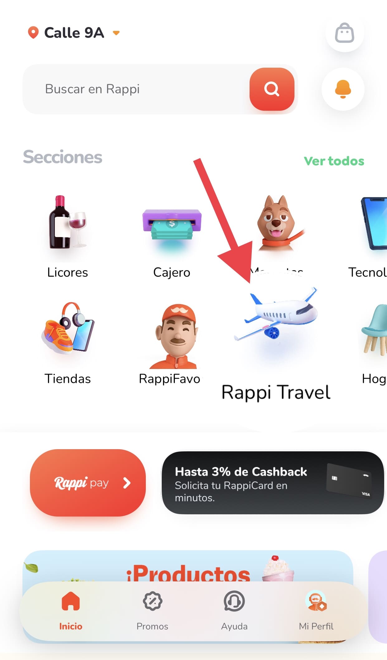 Sección de RappiTravel en la app