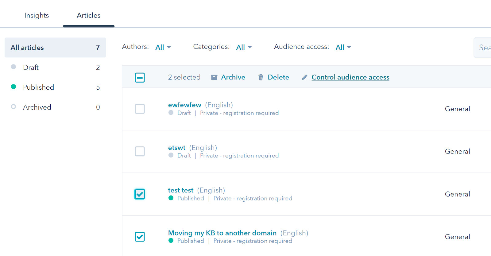 Knowledge base article listing in app
