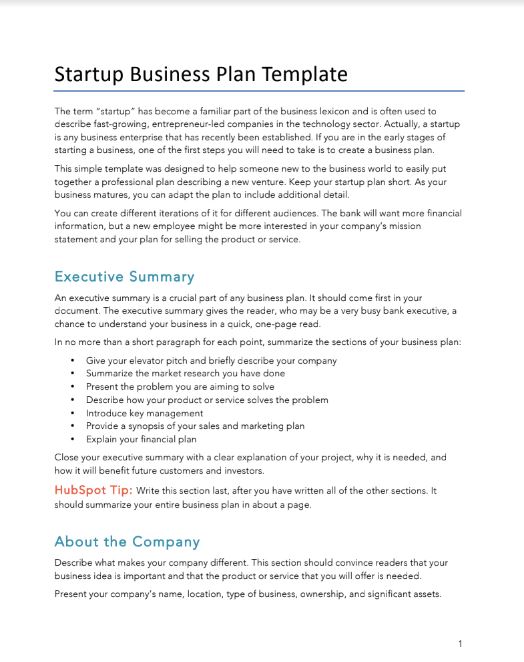 Free Startup Business Plan Template For Pdf Word Hubspot
