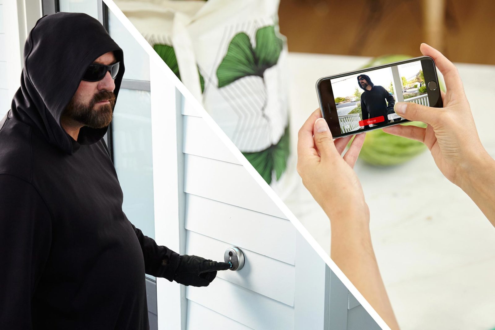 Burglar ringing doorbell cam split with video clip showing on smartphone