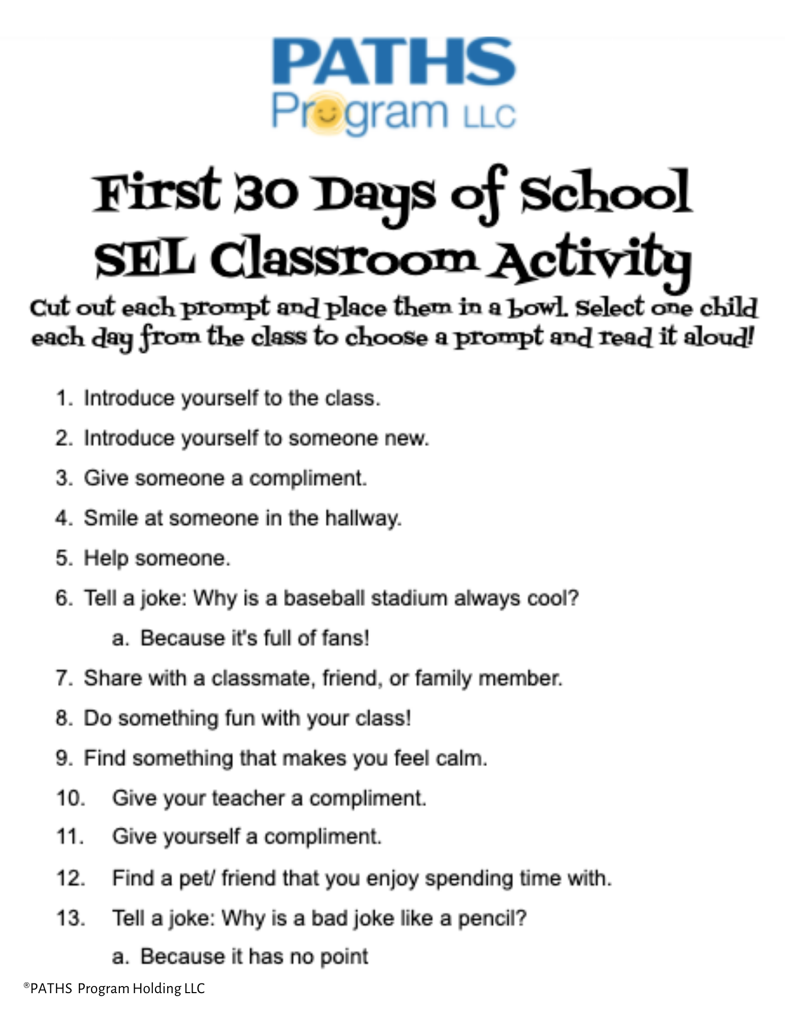 Printable First 30 Days Of School Sel Classroom Activity