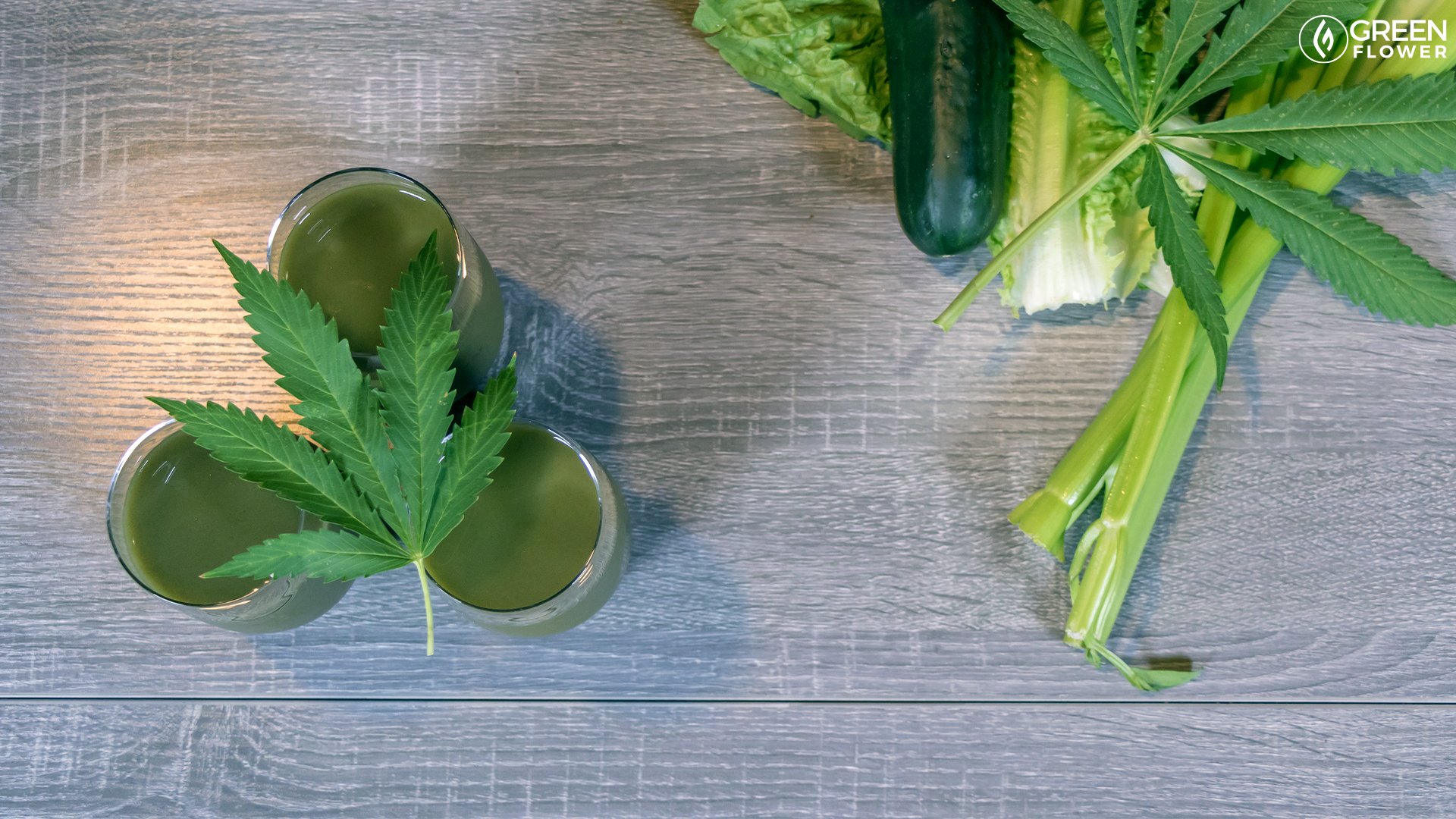 cannabis juice and green vegetables on a table