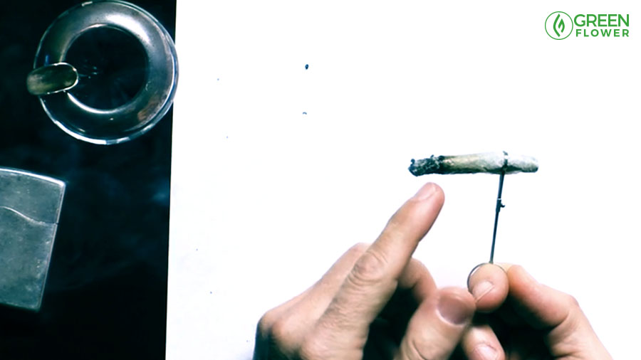 two hands holding a cannabis joint on a finger clip