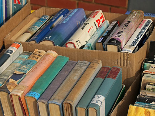 Cardboard boxes filled with old books