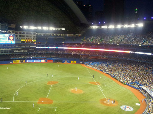 An aerial view of a packed Rogers Centre